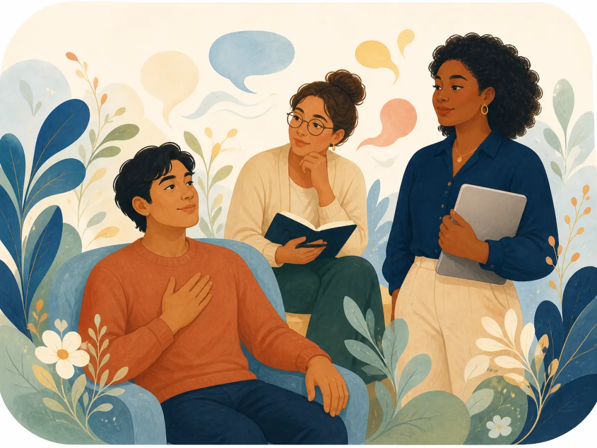 Three people listening and sharing stories among botanical forms