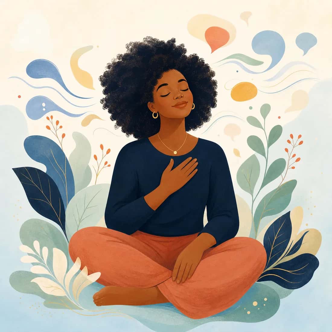 A calm woman surrounded by flowing botanical shapes
